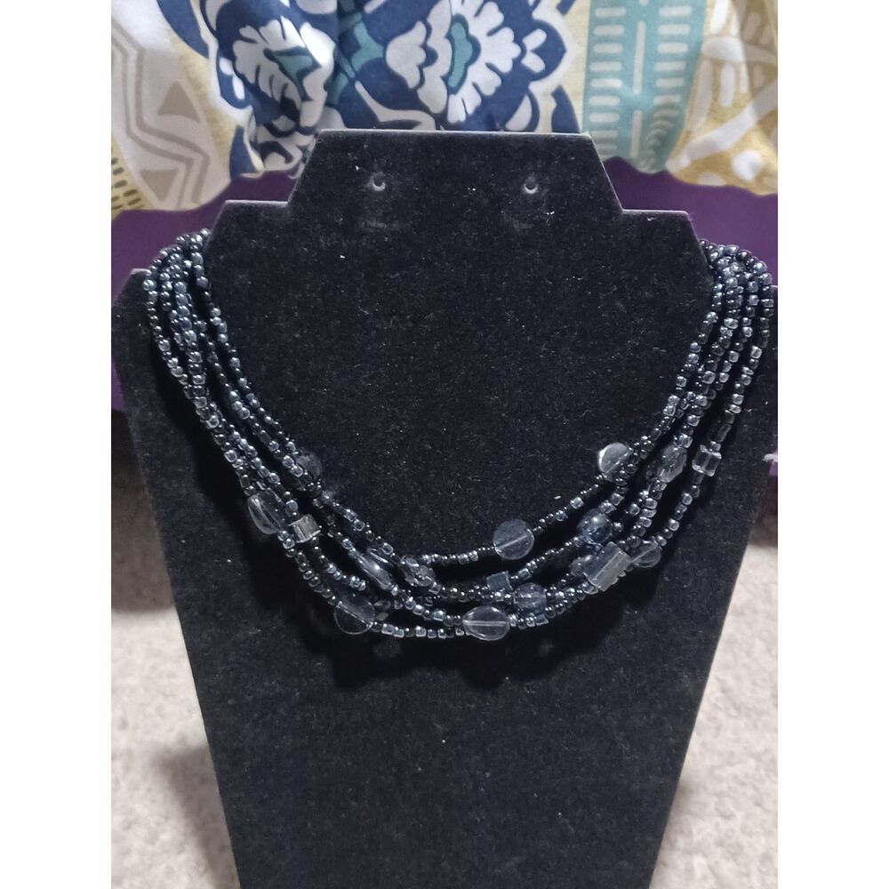 Vintage Black-Blue Multi-Strand Beaded Necklace, 16"